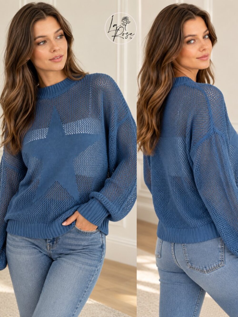 Brooke Star Pattern Open-Stich Sweater | Women's Blue Top | Trendy Style